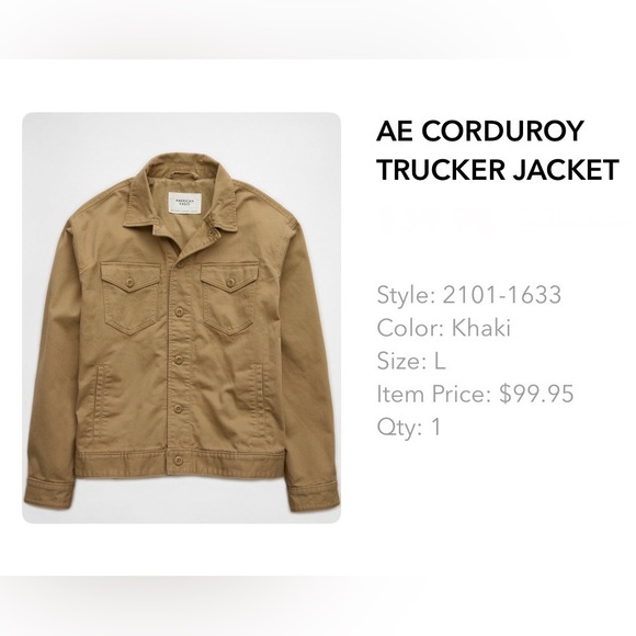 American Eagle Corduroy Cotton Lined Inside Trucker Jacket Khaki Men’s - Picture 10 of 11
